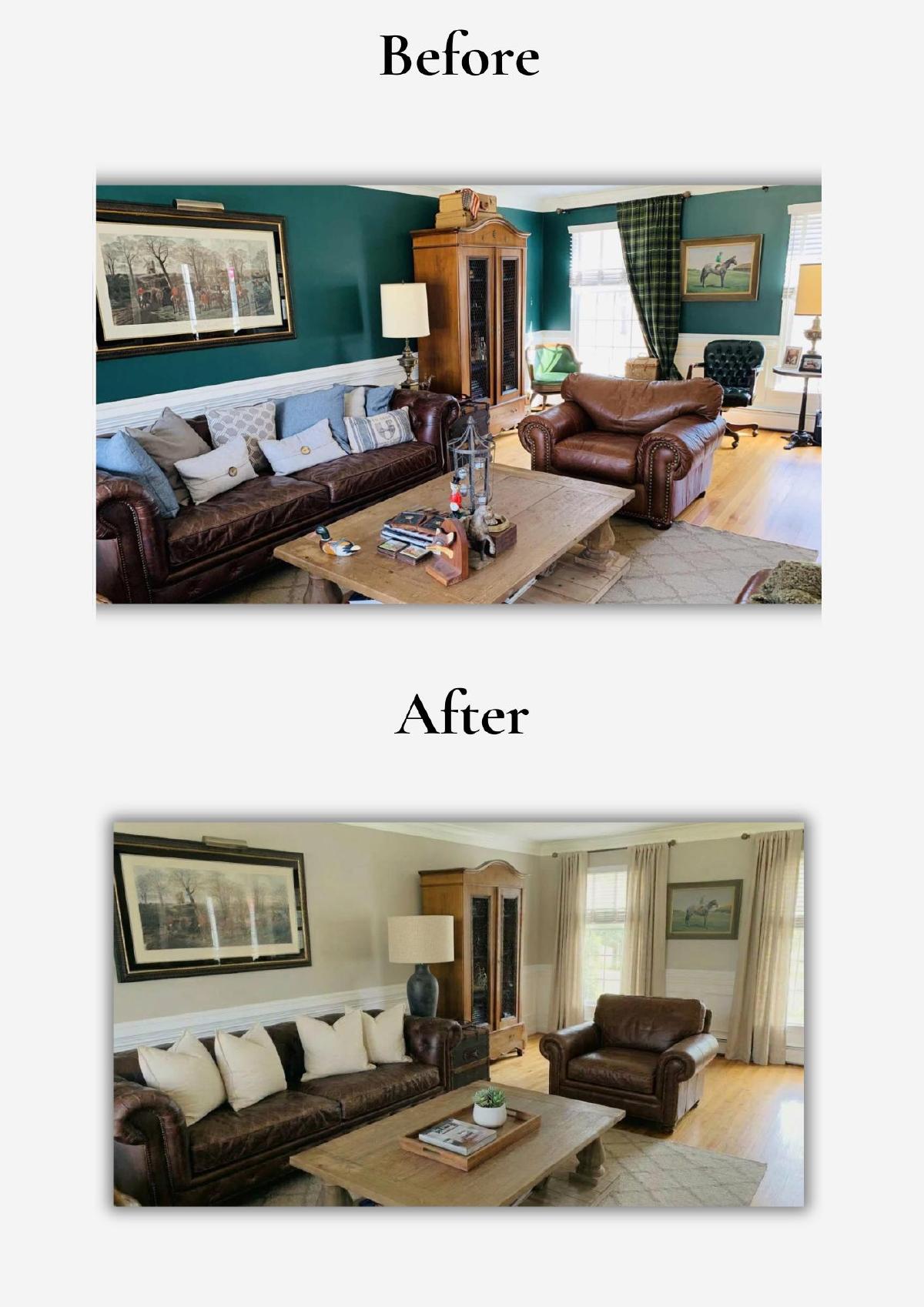 Sample staging plan page: living room before and after photos