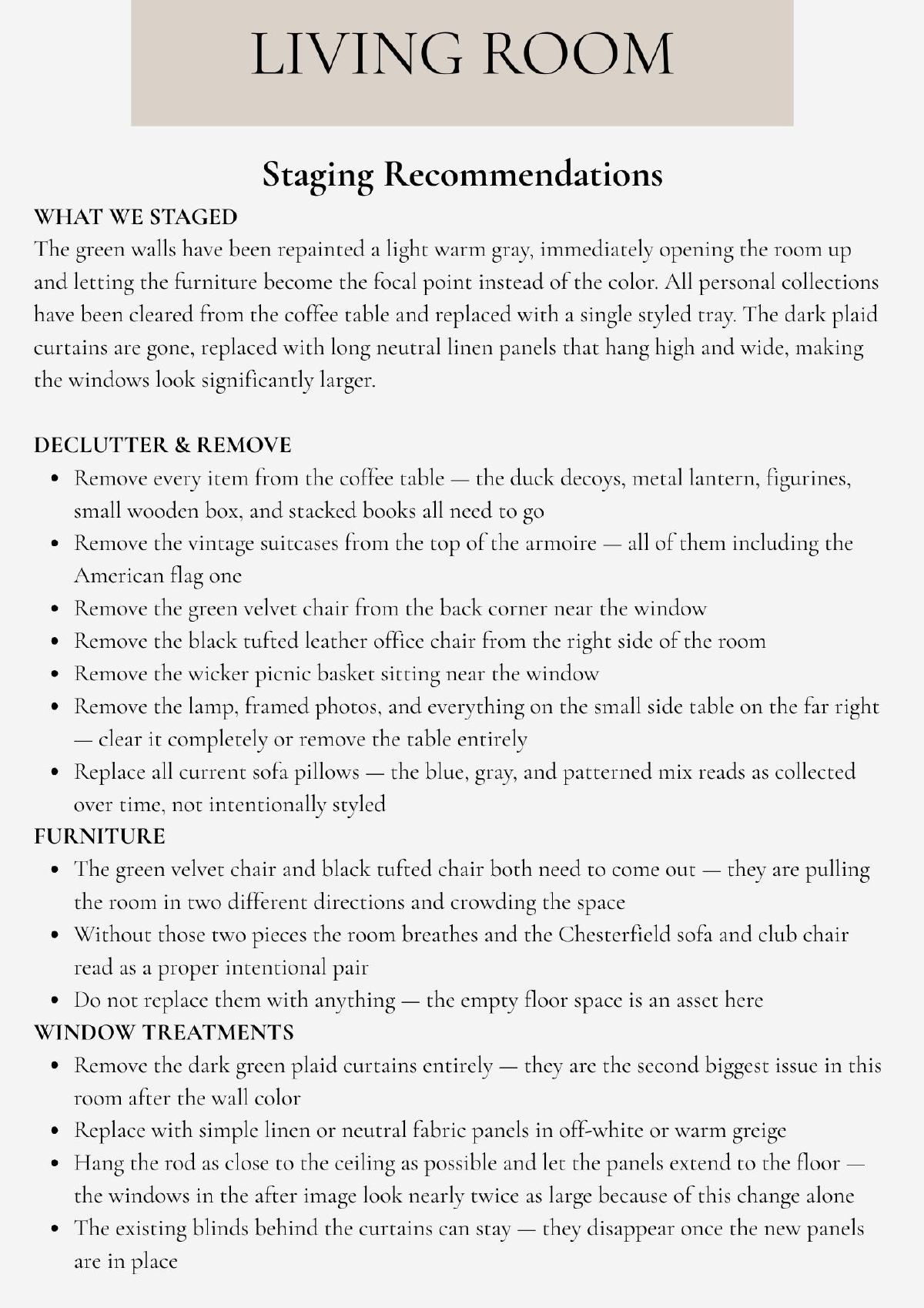 Sample staging plan page: living room staging recommendations